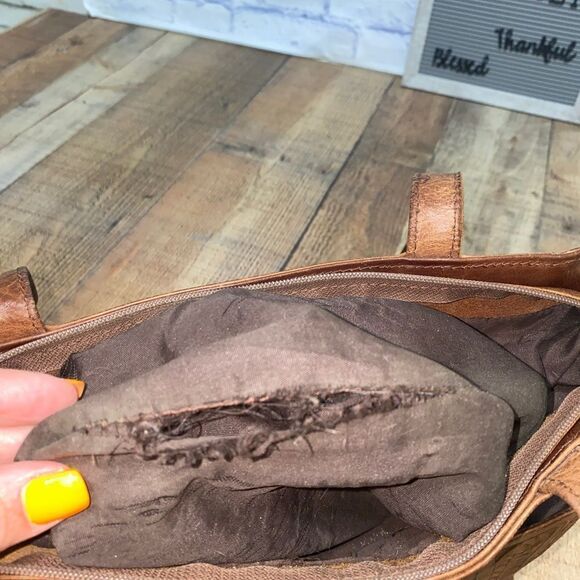 Texian Leathers tooled leather studded pony hair fur shoulder bag purse brown - Picture 10 of 13